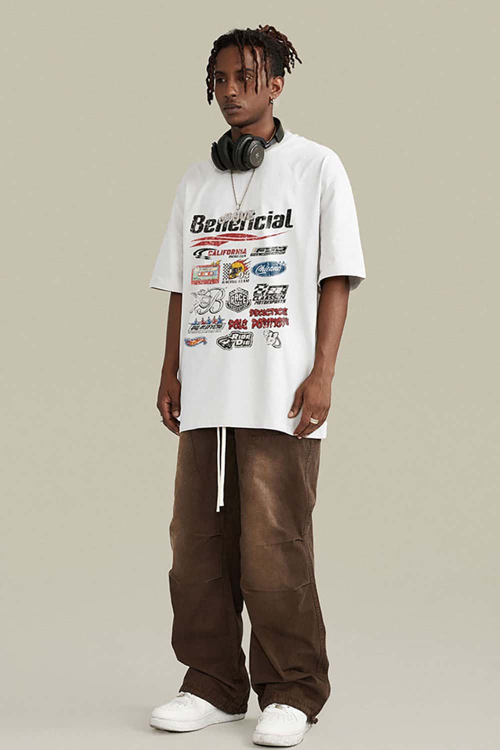 High Street Distressed Wash Loose-Fit T-Shirt with Racing Logo Graphics