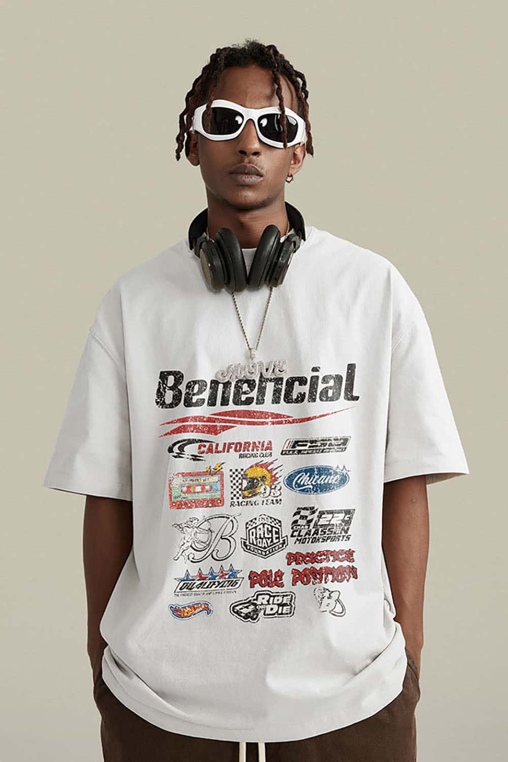 High Street Distressed Wash Loose-Fit T-Shirt with Racing Logo Graphics