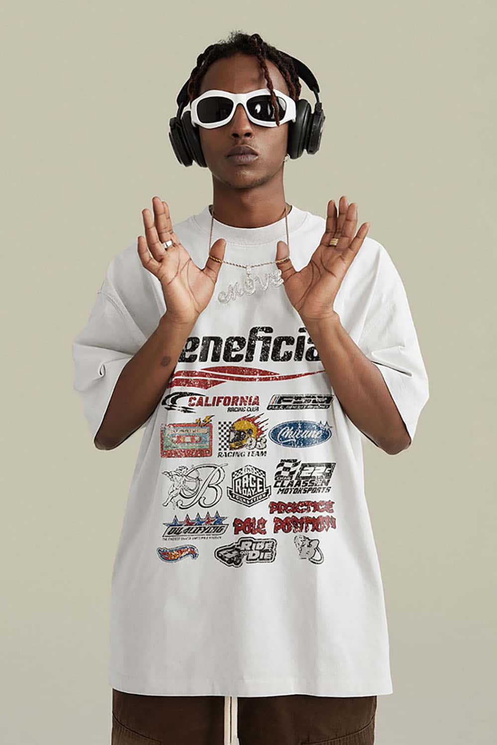 High Street Distressed Wash Loose-Fit T-Shirt with Racing Logo Graphics