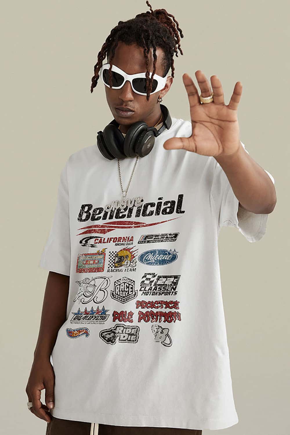 High Street Distressed Wash Loose-Fit T-Shirt with Racing Logo Graphics