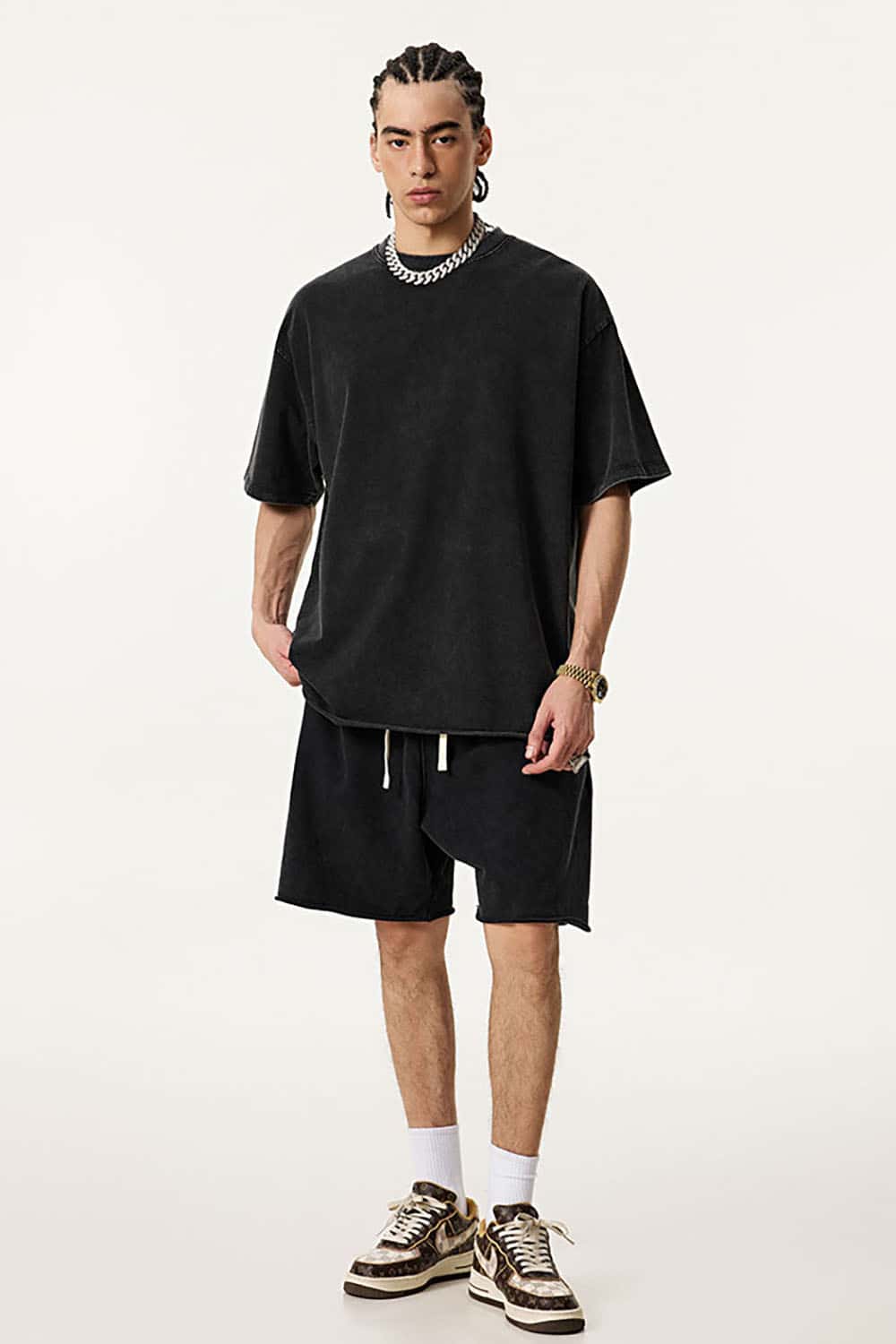 Heavyweight Plus Size Round Neck Pure Cotton T-Shirt with Drop Shoulder Loose Fit Short Sleeves