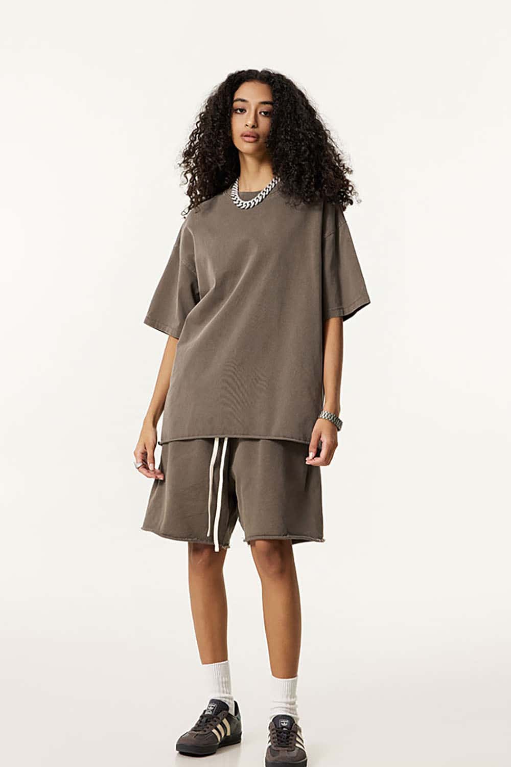 Heavyweight Plus Size Round Neck Pure Cotton T-Shirt with Drop Shoulder Loose Fit Short Sleeves