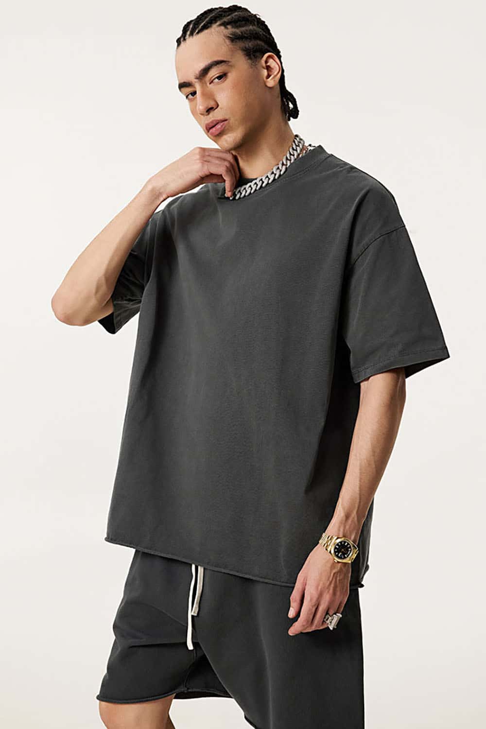 Heavyweight Plus Size Round Neck Pure Cotton T-Shirt with Drop Shoulder Loose Fit Short Sleeves