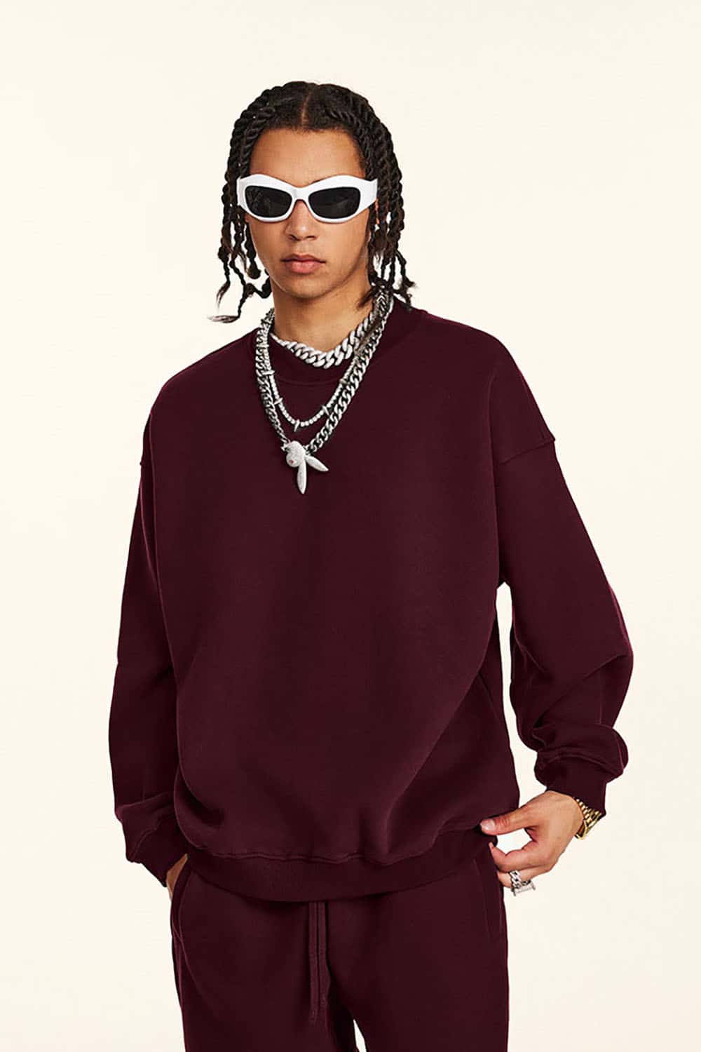 Loose Casual Basic Solid Color Fleece-Lined Thick Crew Neck Sweatshirt