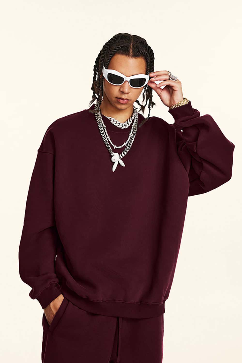 Loose Casual Basic Solid Color Fleece-Lined Thick Crew Neck Sweatshirt