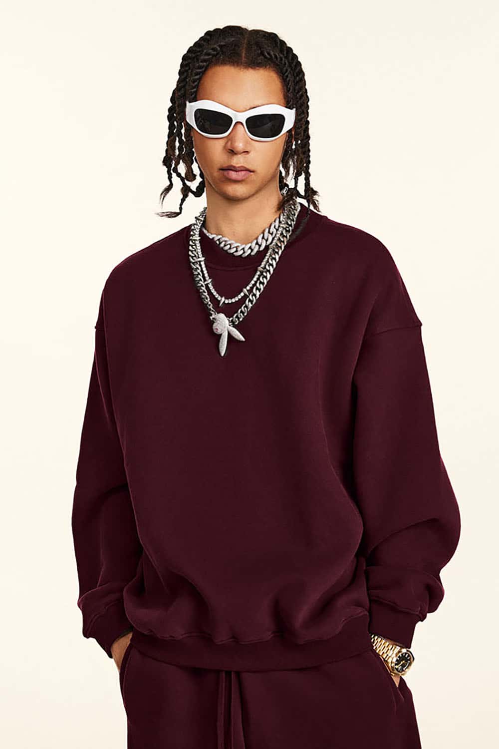 Loose Casual Basic Solid Color Fleece-Lined Thick Crew Neck Sweatshirt