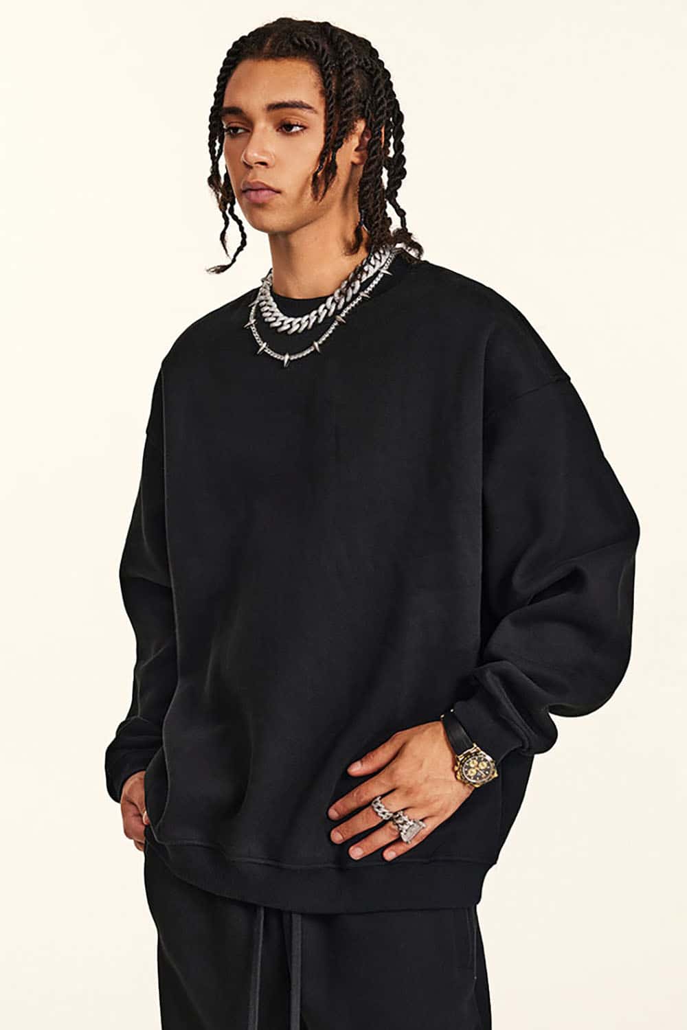 Loose Casual Basic Solid Color Fleece-Lined Thick Crew Neck Sweatshirt