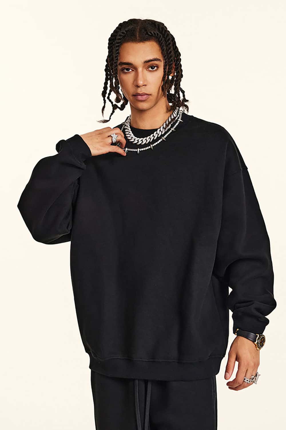 Loose Casual Basic Solid Color Fleece-Lined Thick Crew Neck Sweatshirt