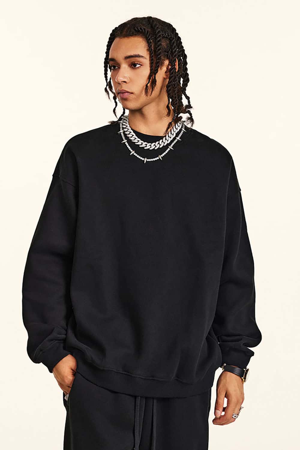 Loose Casual Basic Solid Color Fleece-Lined Thick Crew Neck Sweatshirt