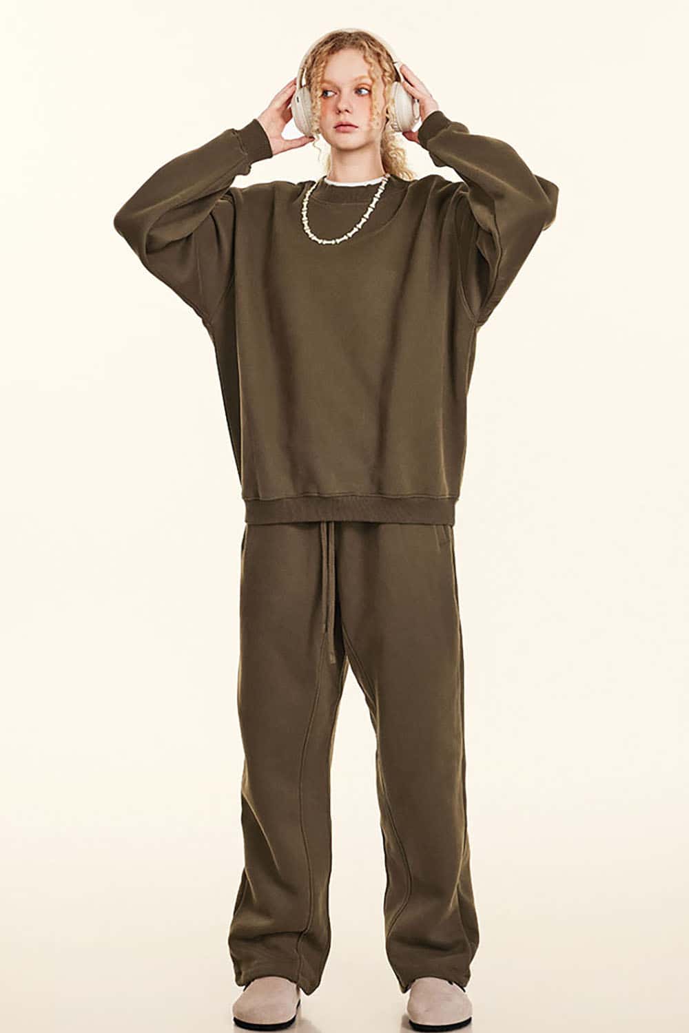 Loose Casual Basic Solid Color Fleece-Lined Thick Crew Neck Sweatshirt