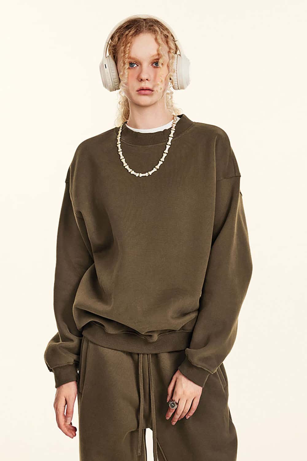 Loose Casual Basic Solid Color Fleece-Lined Thick Crew Neck Sweatshirt