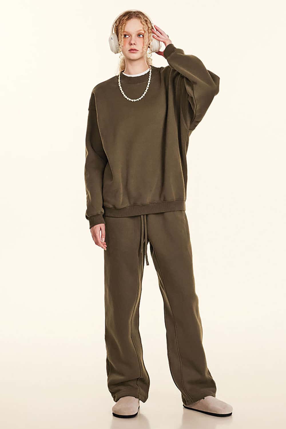 Loose Casual Basic Solid Color Fleece-Lined Thick Crew Neck Sweatshirt