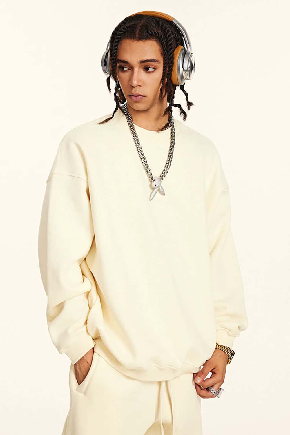 Loose Casual Basic Solid Color Fleece-Lined Thick Crew Neck Sweatshirt