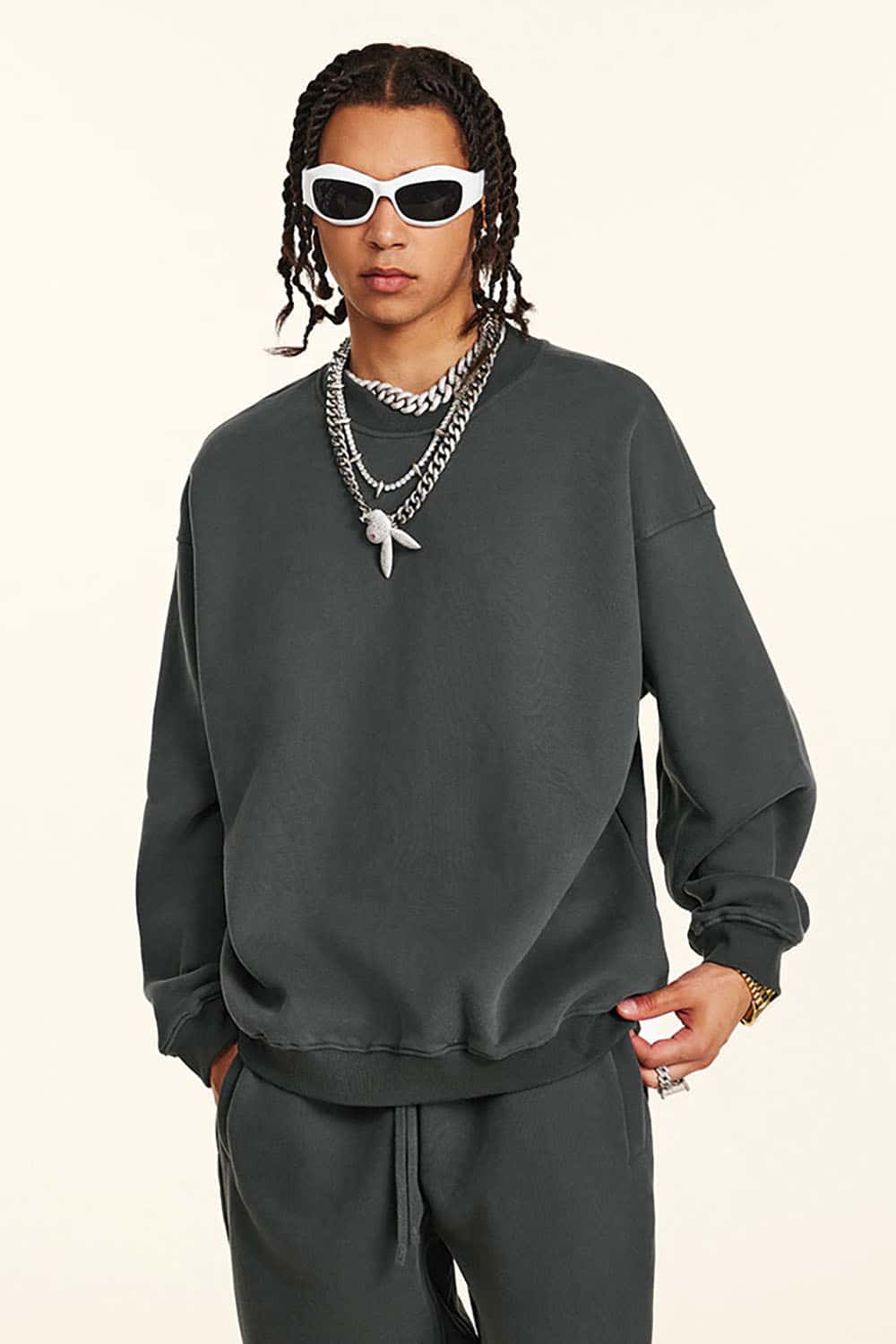 Loose Casual Basic Solid Color Fleece-Lined Thick Crew Neck Sweatshirt