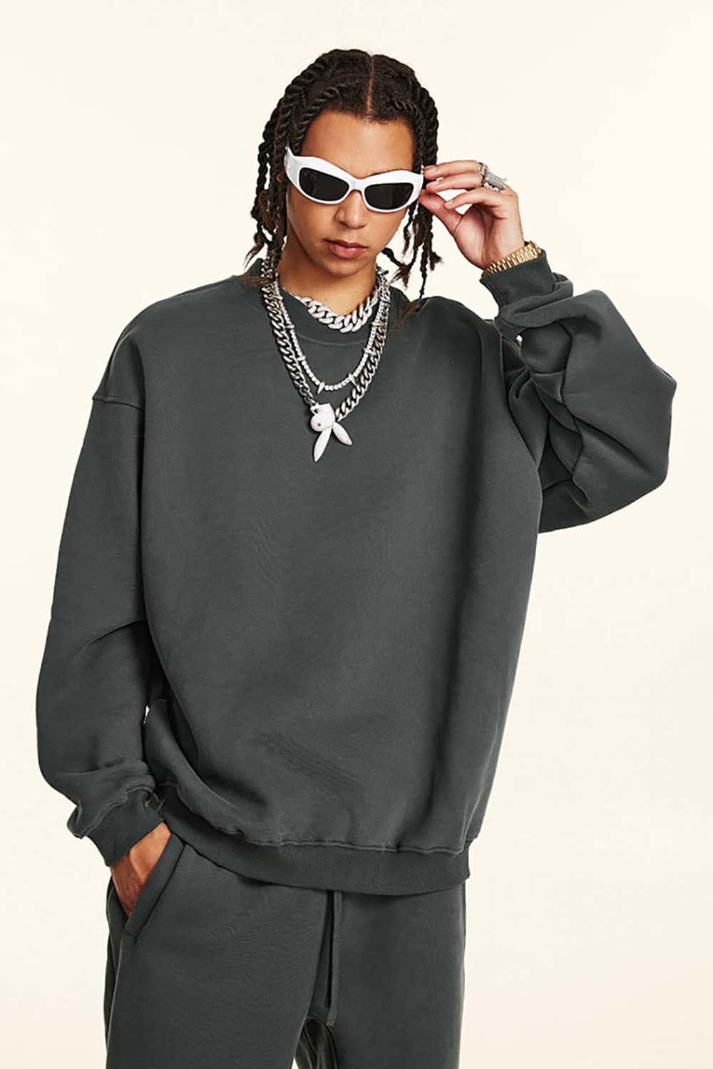 Loose Casual Basic Solid Color Fleece-Lined Thick Crew Neck Sweatshirt