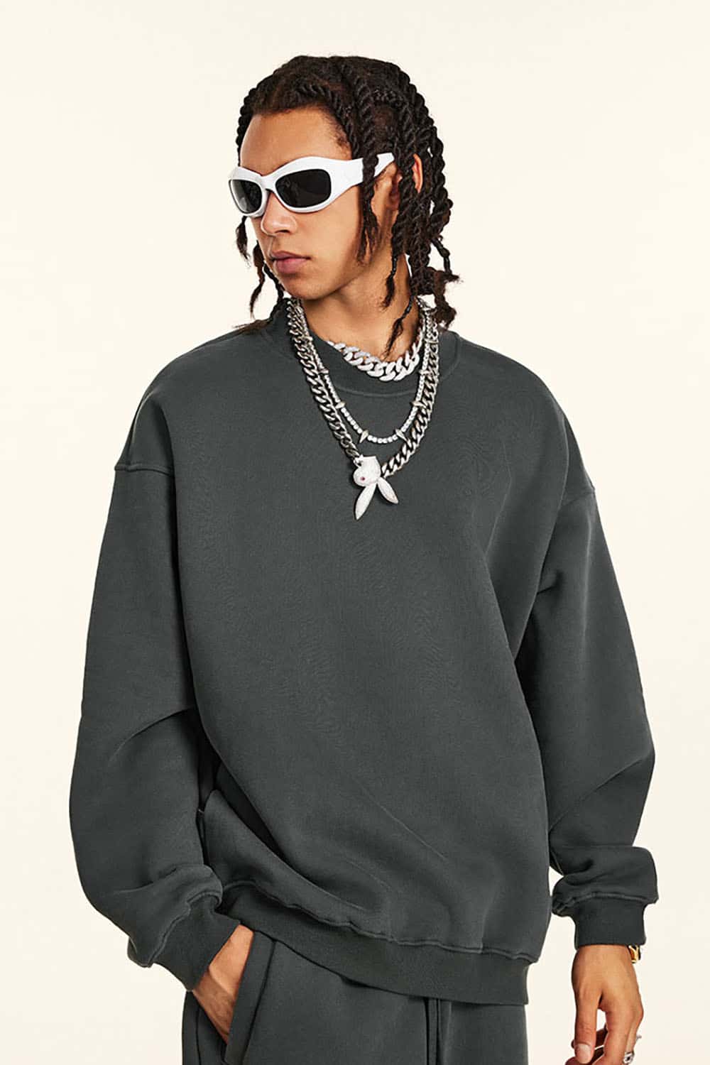 Loose Casual Basic Solid Color Fleece-Lined Thick Crew Neck Sweatshirt