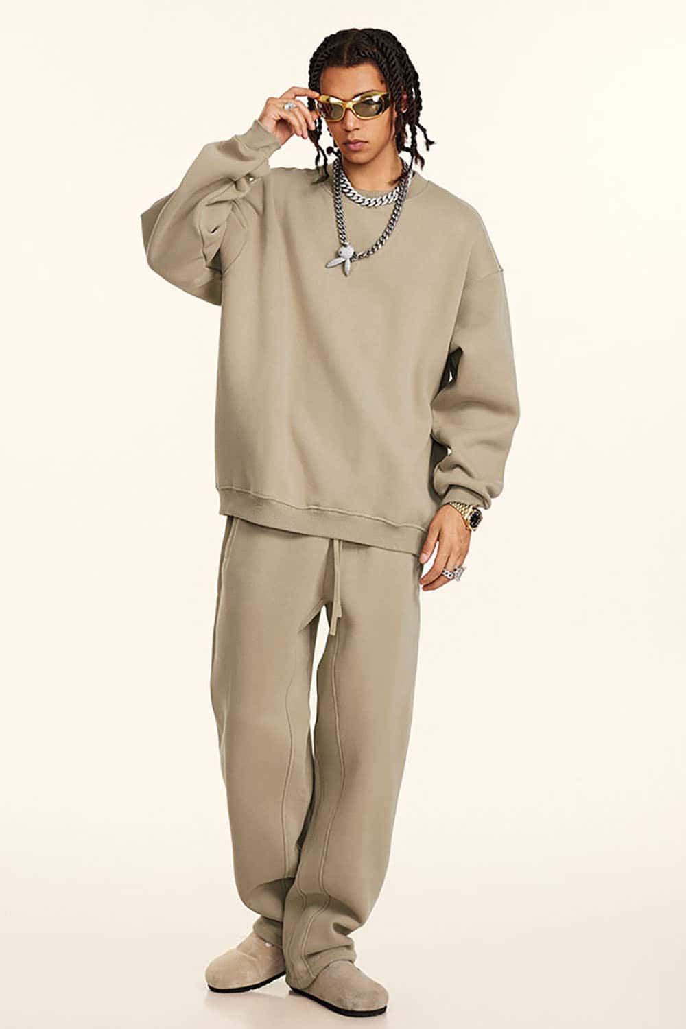 Loose Casual Basic Solid Color Fleece-Lined Thick Crew Neck Sweatshirt