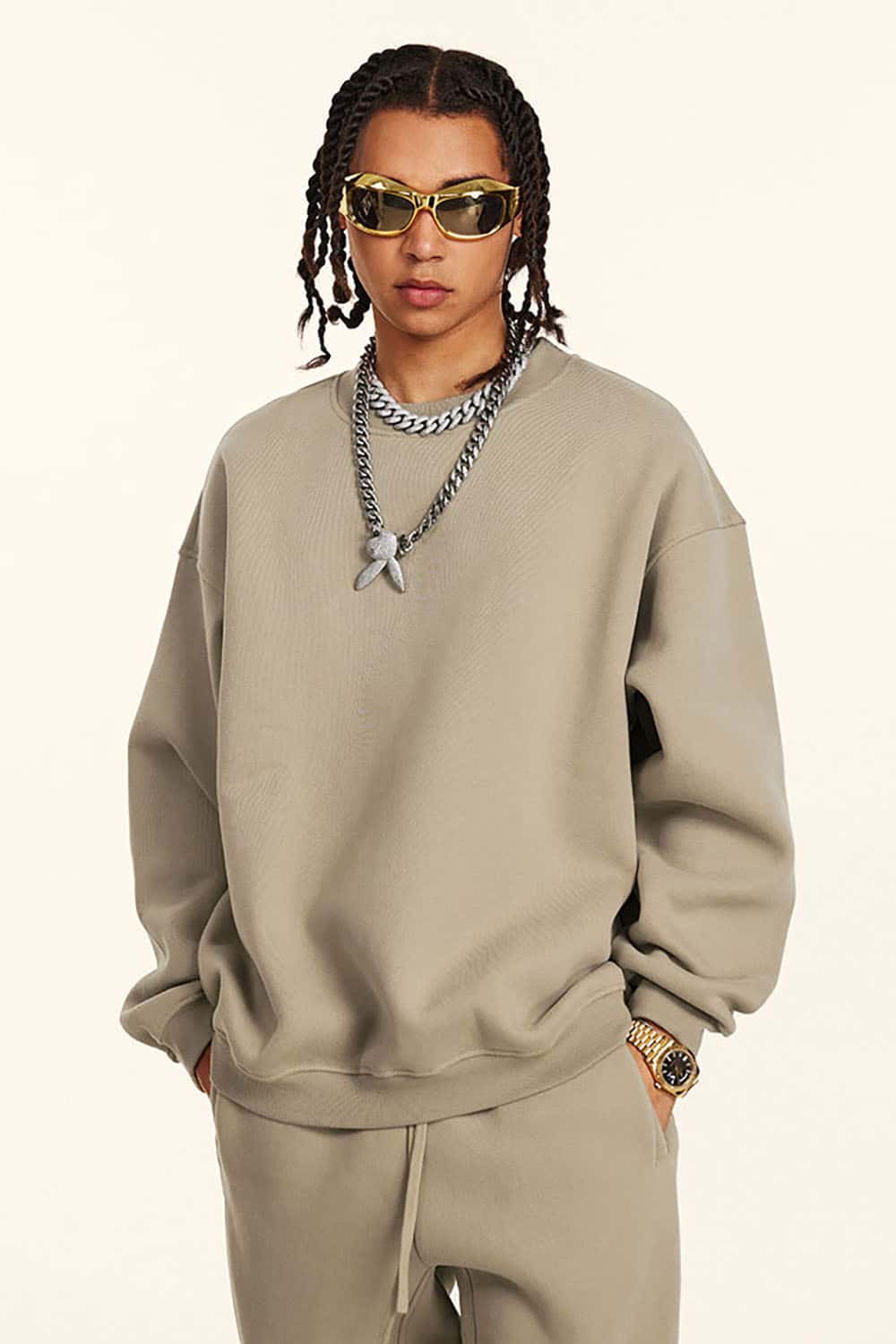 Loose Casual Basic Solid Color Fleece-Lined Thick Crew Neck Sweatshirt