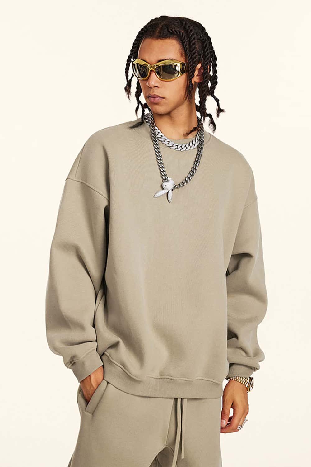 Loose Casual Basic Solid Color Fleece-Lined Thick Crew Neck Sweatshirt