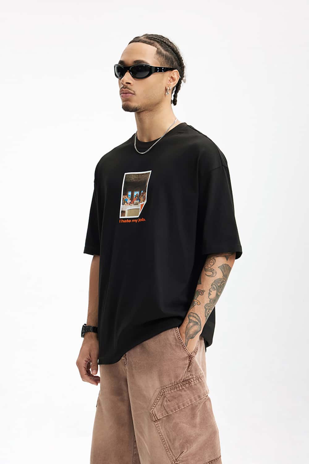 200G "I Hate My Job" Print Oversize Crew Neck T-Shirt