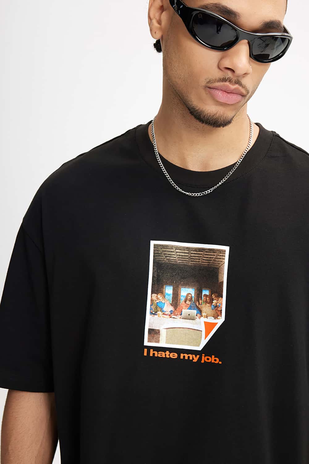200G "I Hate My Job" Print Oversize Crew Neck T-Shirt