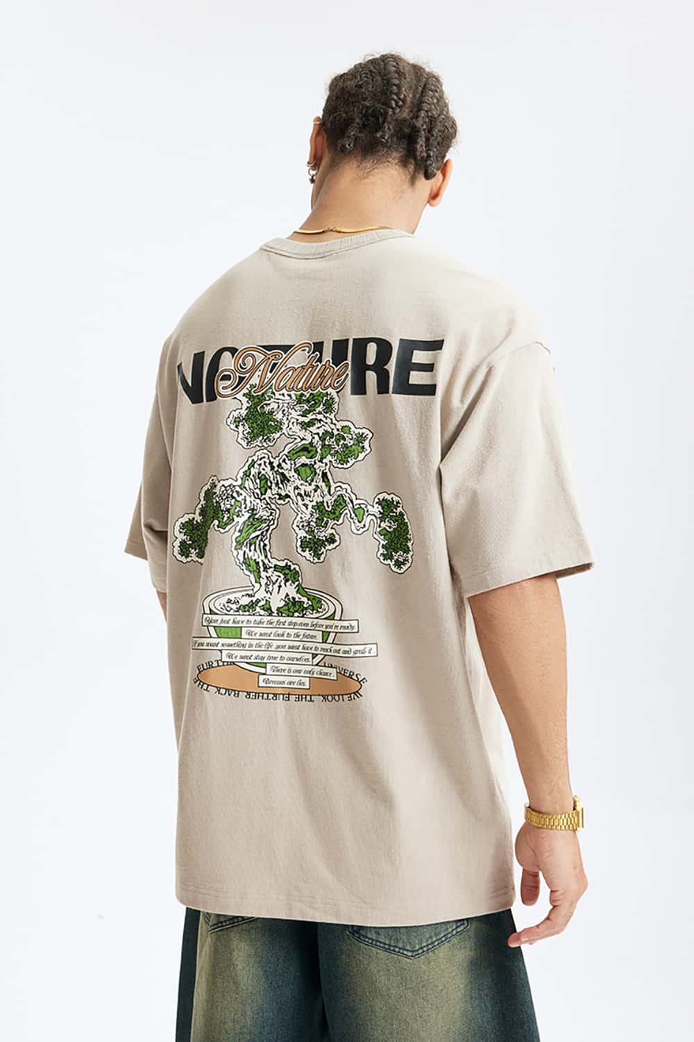 250G Vintage Plant Print Heavyweight Casual T-Shirt