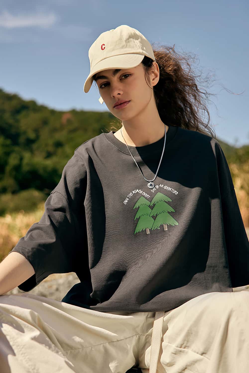 265G Pine Tree Puff Print Heavyweight Loose Cotton T-Shirt