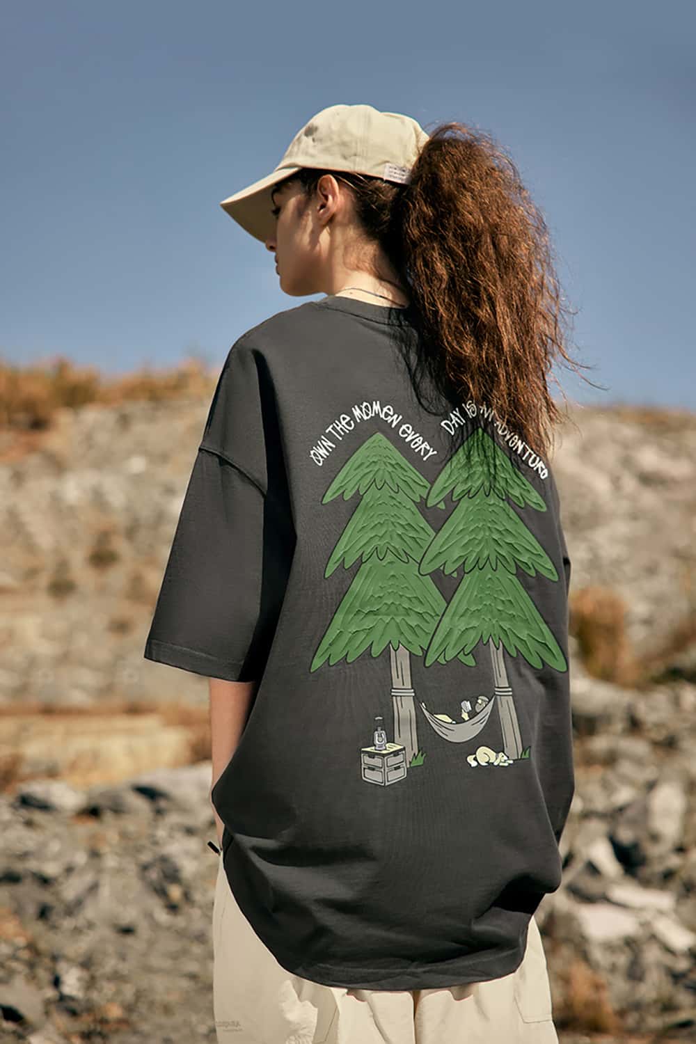 265G Pine Tree Puff Print Heavyweight Loose Cotton T-Shirt