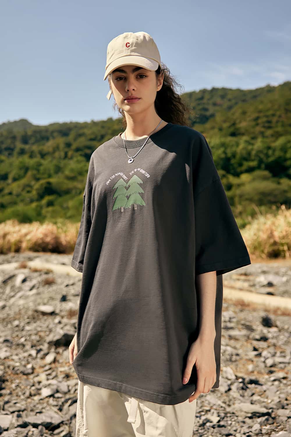 265G Pine Tree Puff Print Heavyweight Loose Cotton T-Shirt