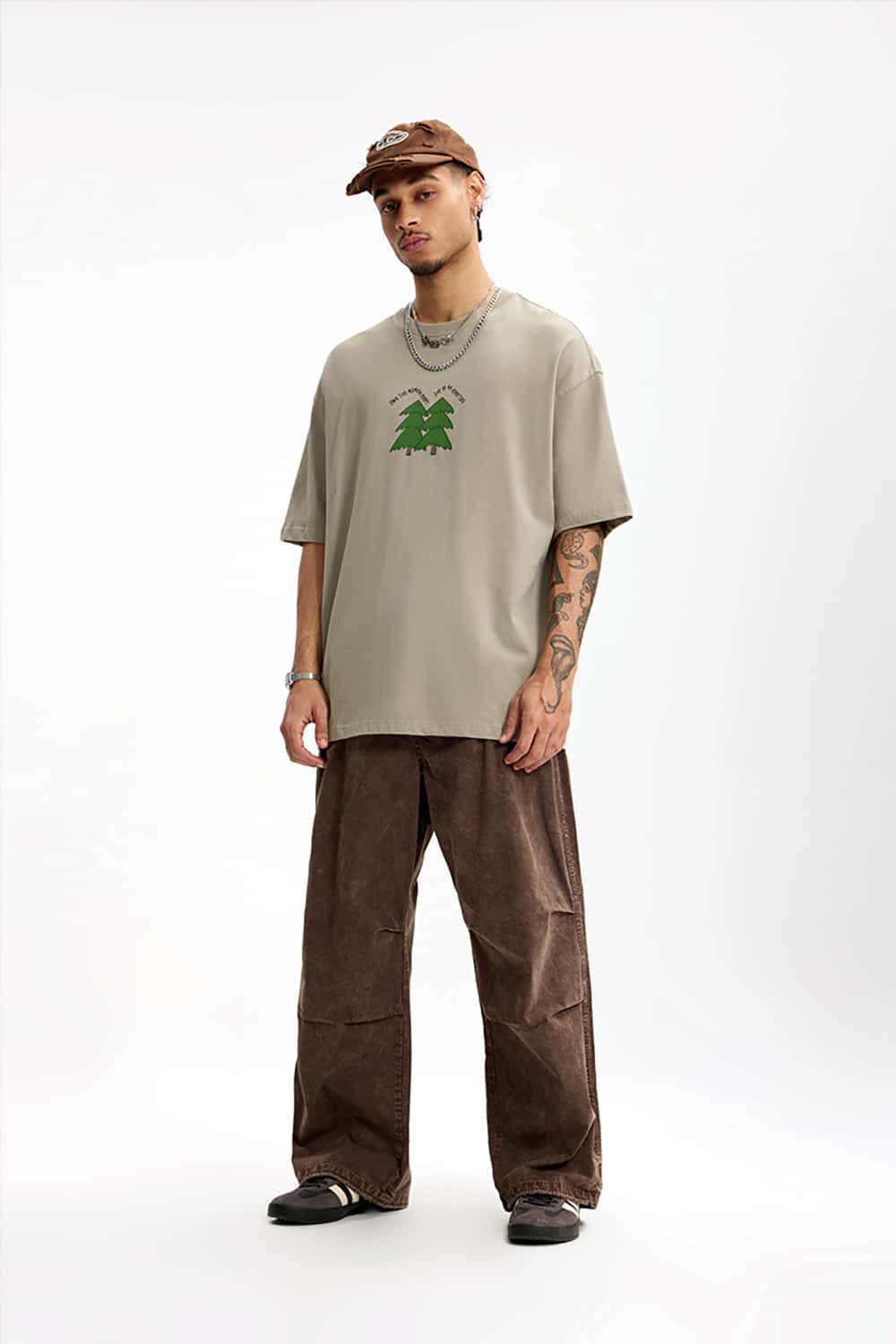 265G Pine Tree Puff Print Heavyweight Loose Cotton T-Shirt
