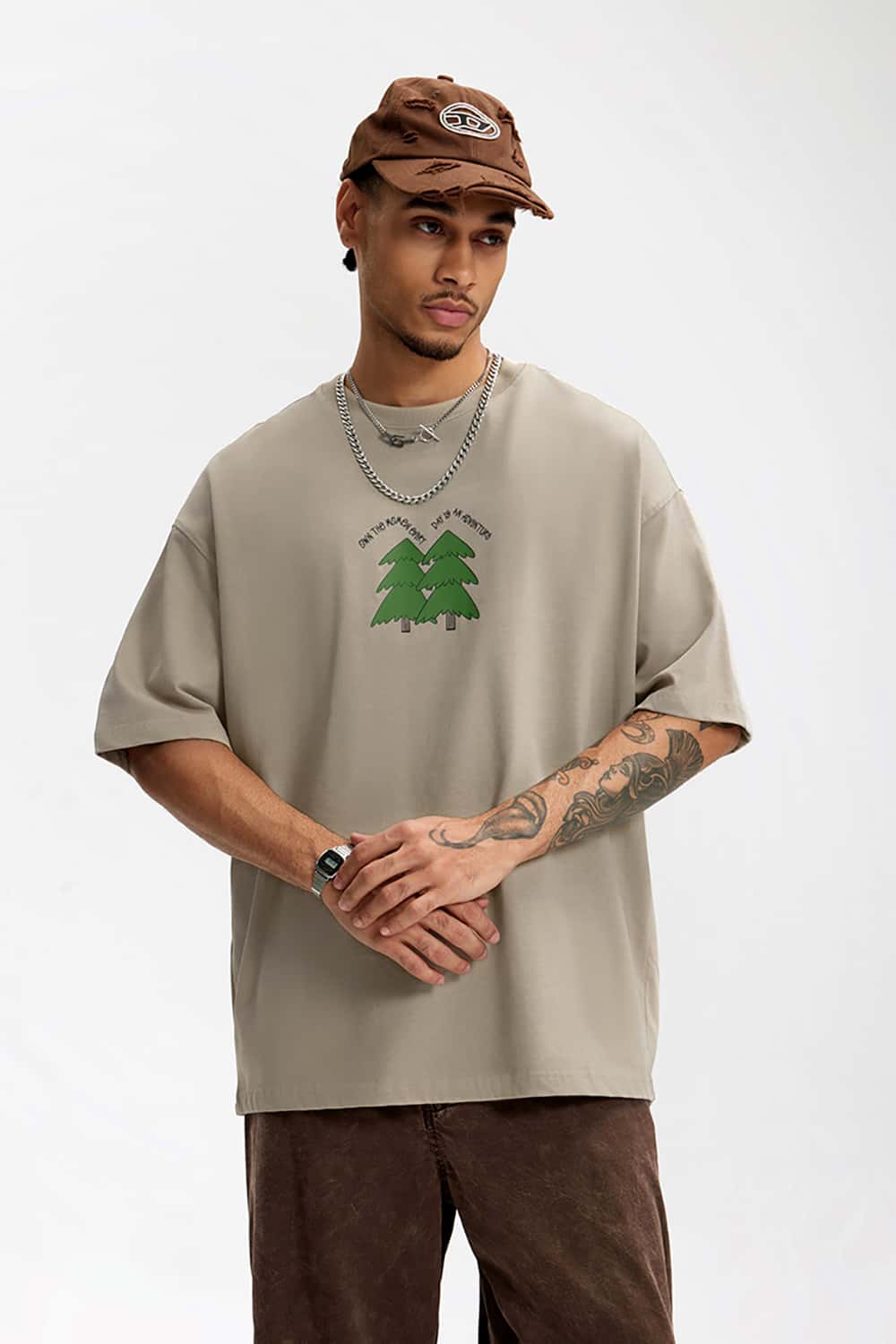 265G Pine Tree Puff Print Heavyweight Loose Cotton T-Shirt