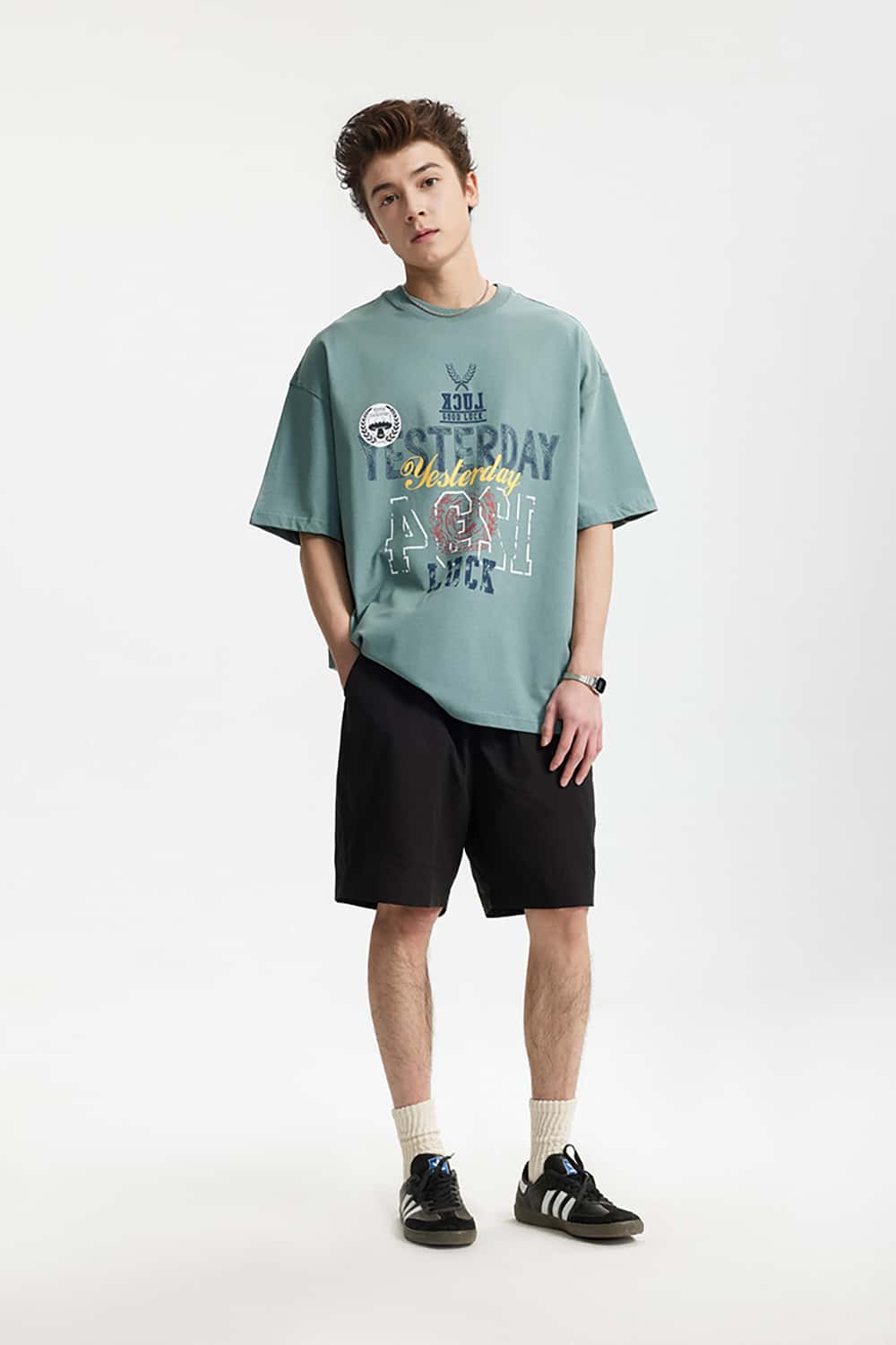 265G Vintage Print Heavyweight Loose Crew Neck T-Shirt