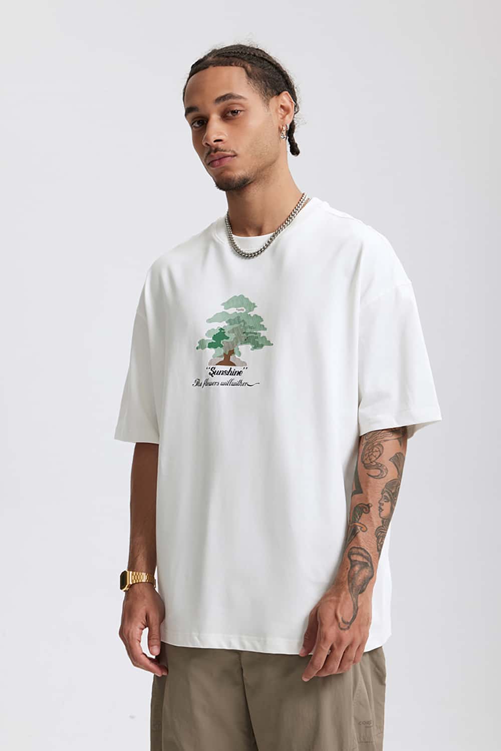 265G Forest-Themed Colorful Thick Print Heavyweight Casual T-Shirt