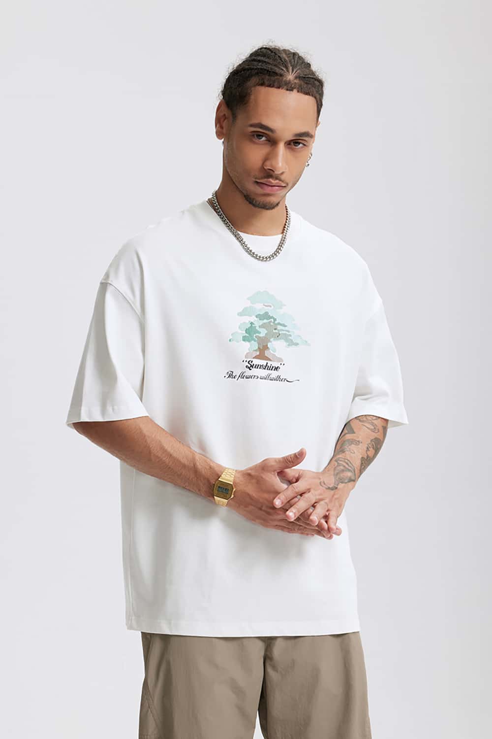 265G Forest-Themed Colorful Thick Print Heavyweight Casual T-Shirt