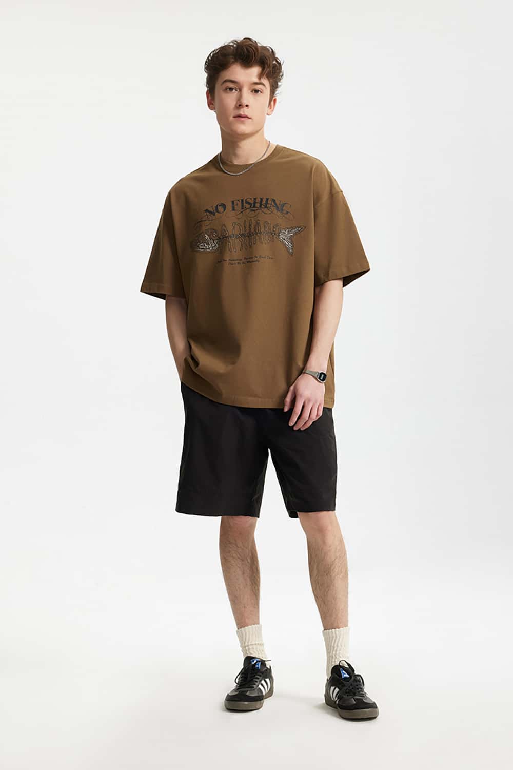 265G Heavyweight Fishbone Puff Print Retro Street Casual T-Shirt