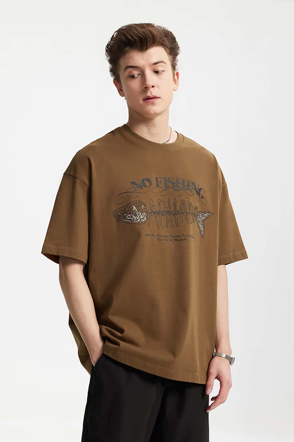 265G Heavyweight Fishbone Puff Print Retro Street Casual T-Shirt