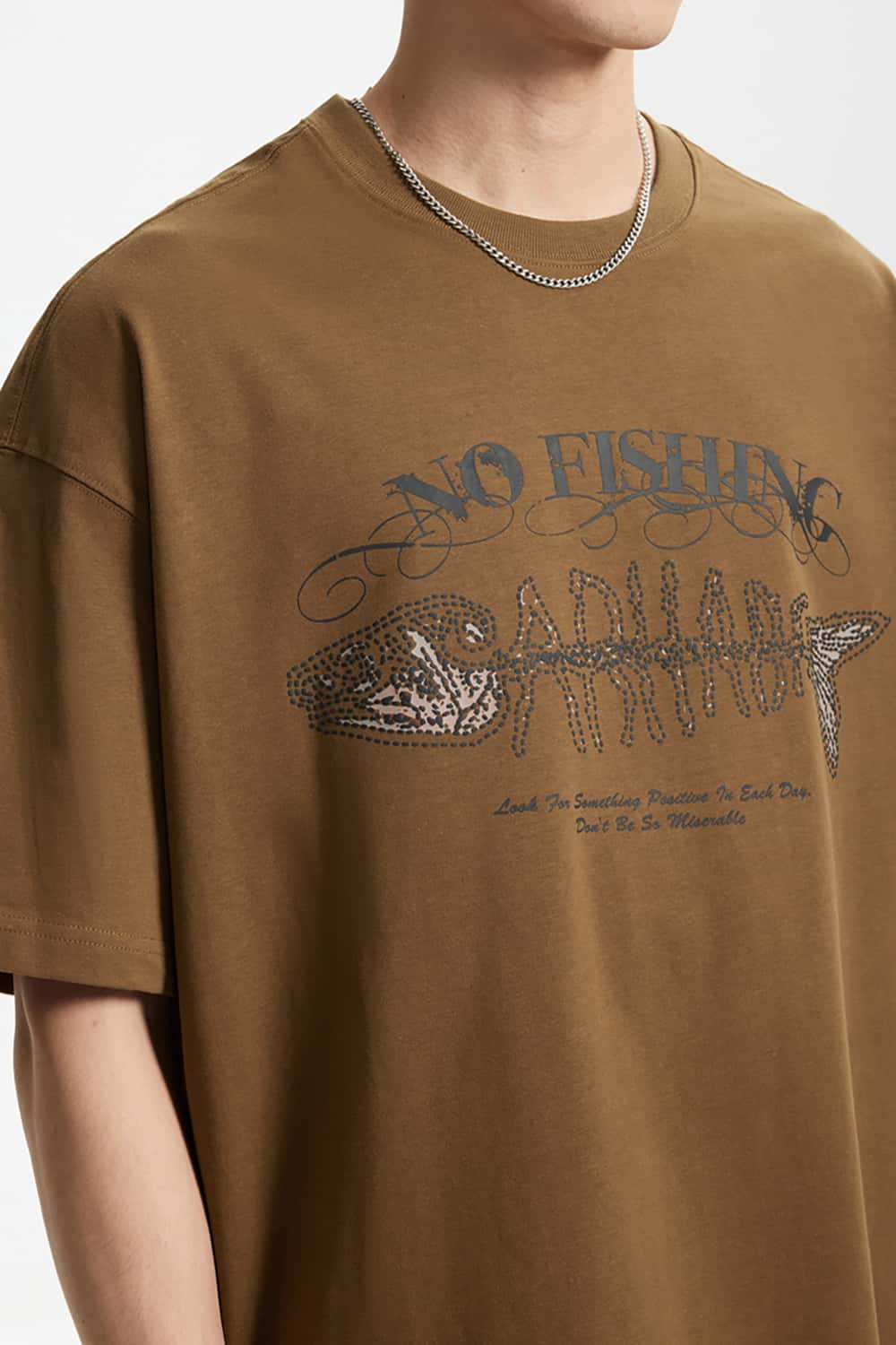 265G Heavyweight Fishbone Puff Print Retro Street Casual T-Shirt