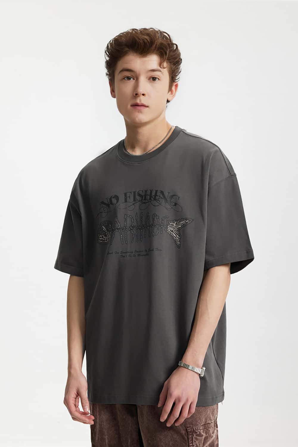 265G Heavyweight Fishbone Puff Print Retro Street Casual T-Shirt