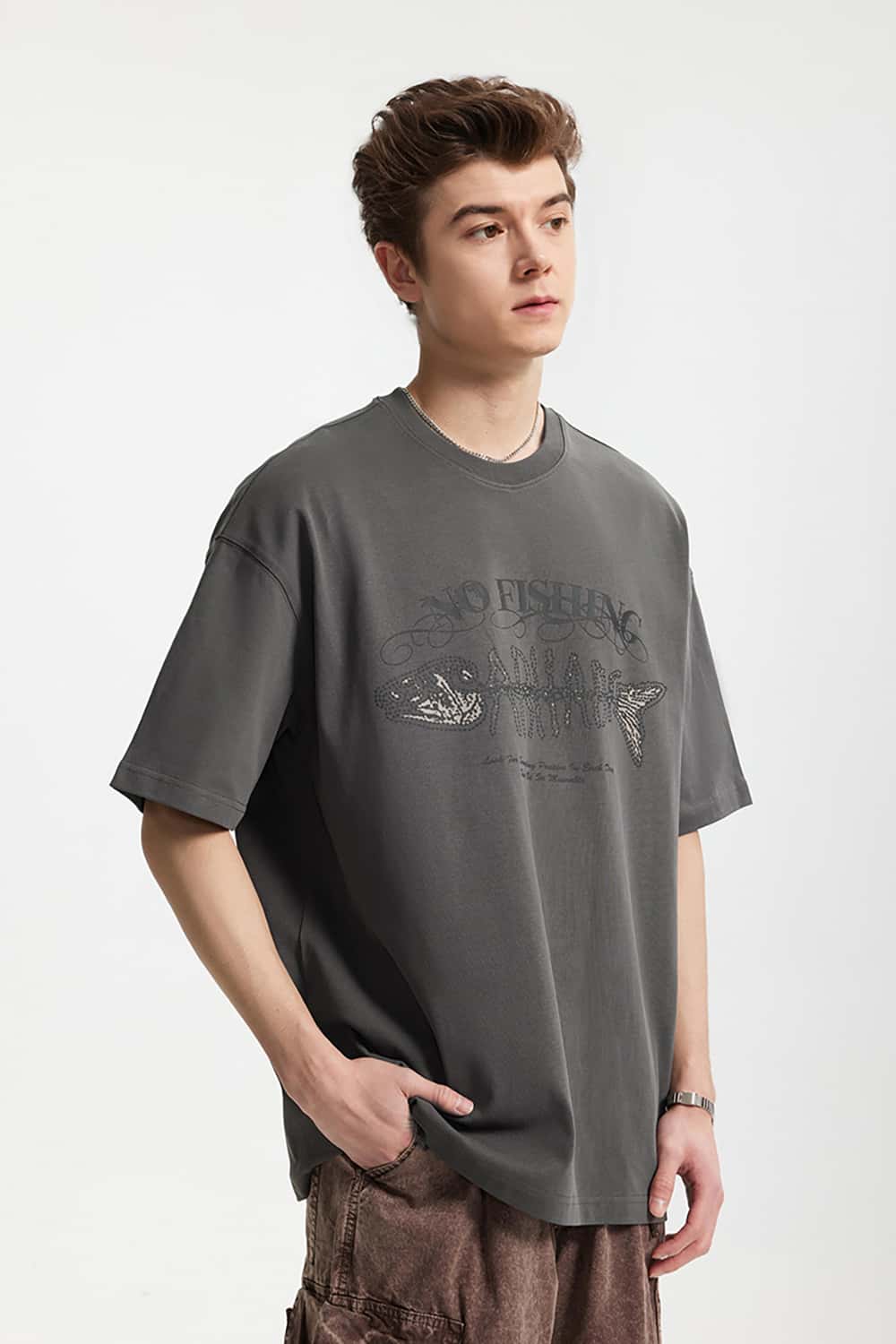 265G Heavyweight Fishbone Puff Print Retro Street Casual T-Shirt
