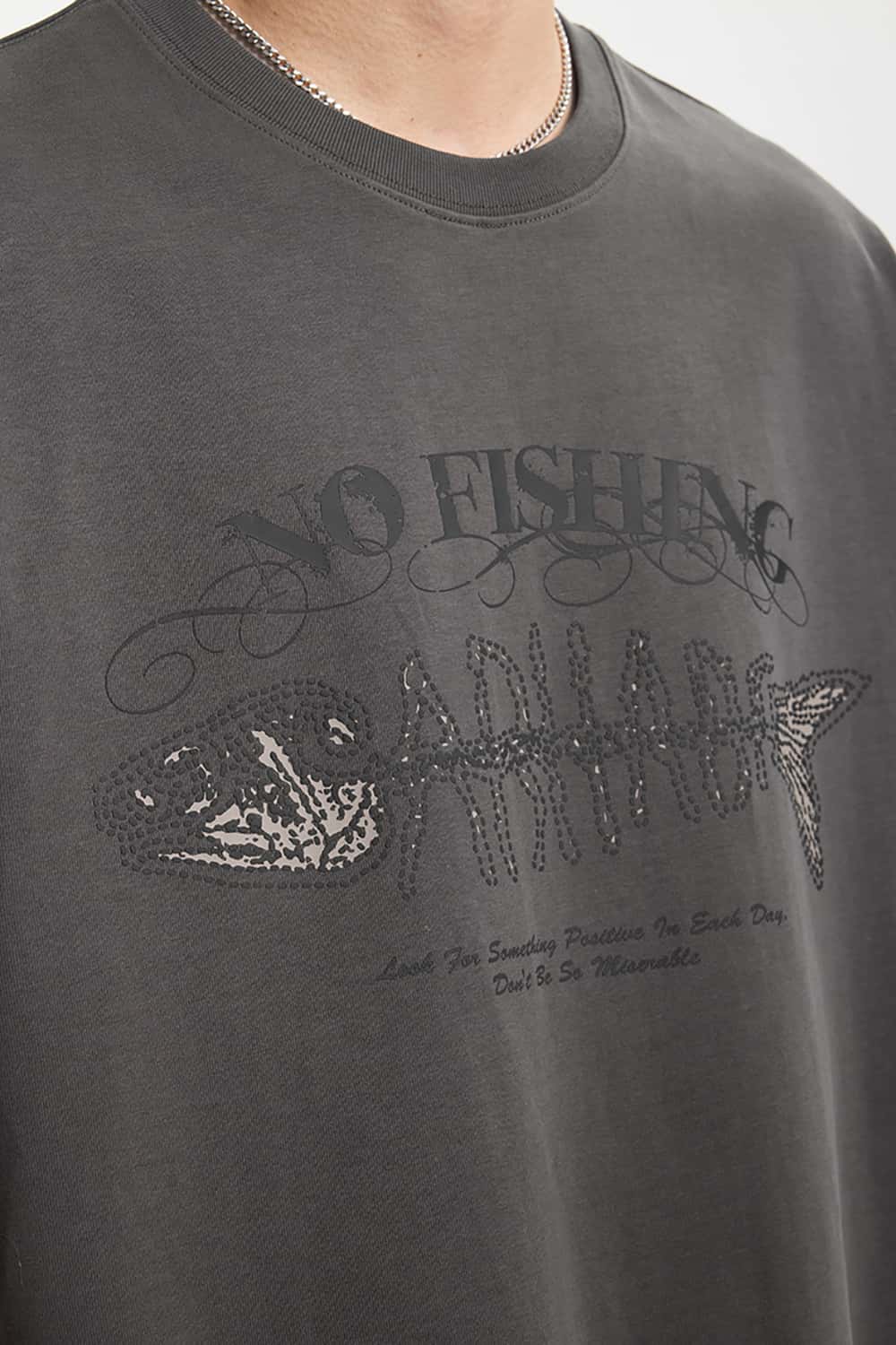 265G Heavyweight Fishbone Puff Print Retro Street Casual T-Shirt
