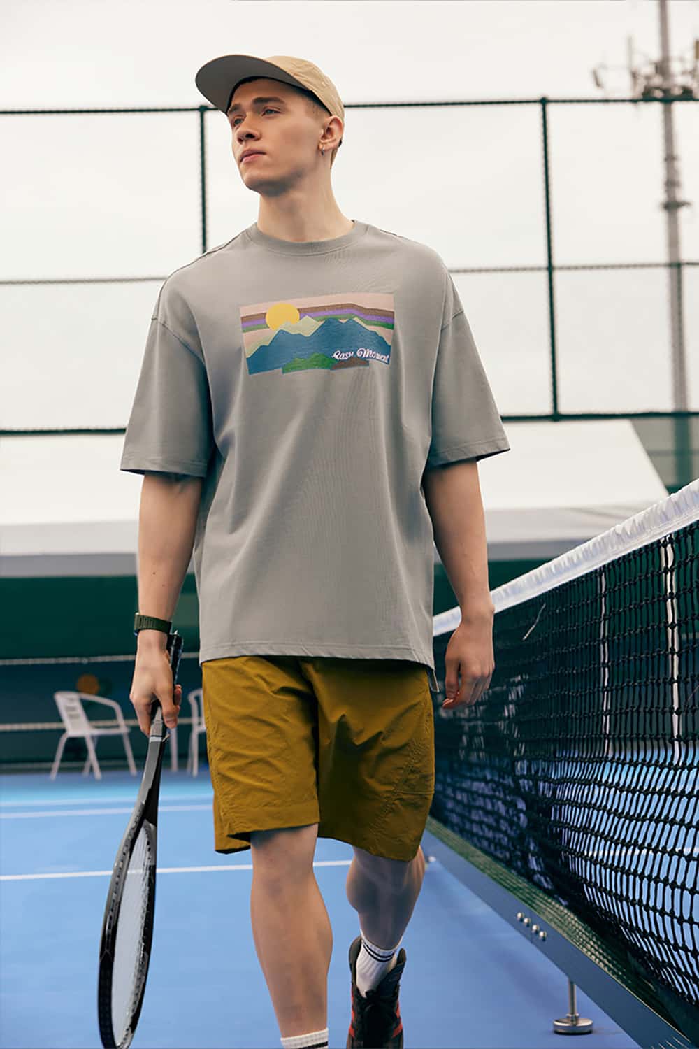 265G Heavyweight Cracked Sunset Print Loose Short Sleeve T-Shirt