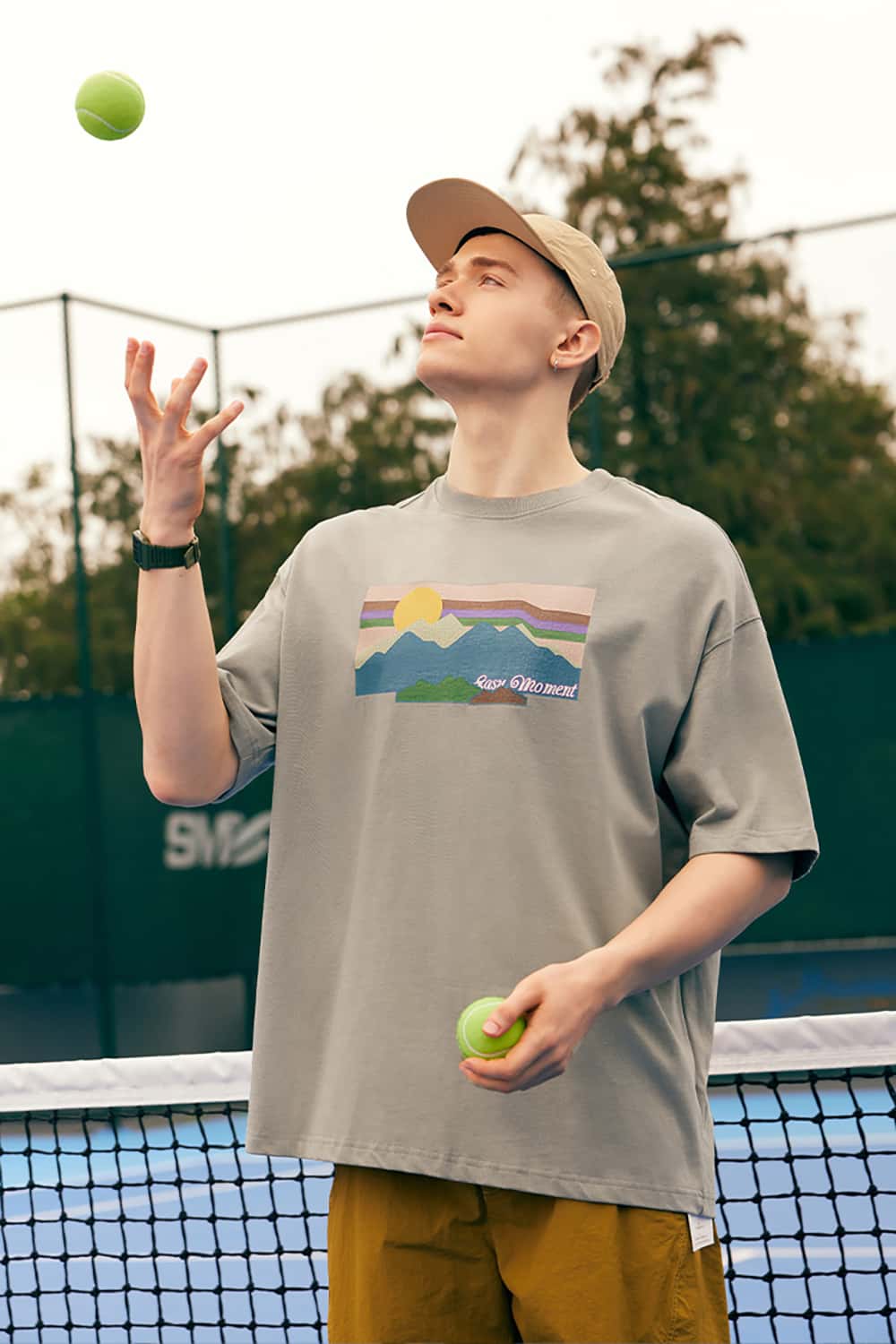 265G Heavyweight Cracked Sunset Print Loose Short Sleeve T-Shirt