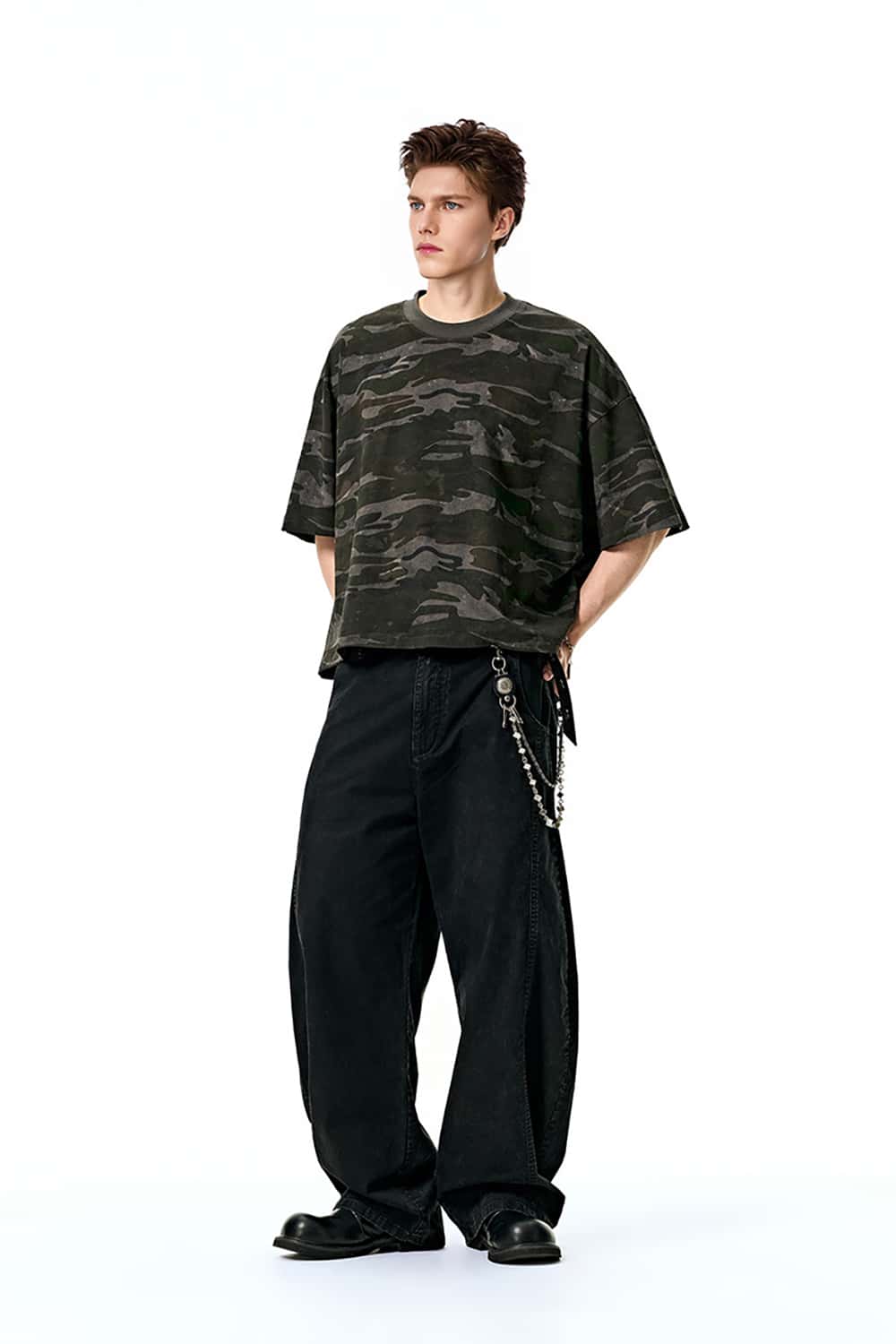 Boxy Camouflage Cotton T-Shirt with Street Style Half-Sleeve
