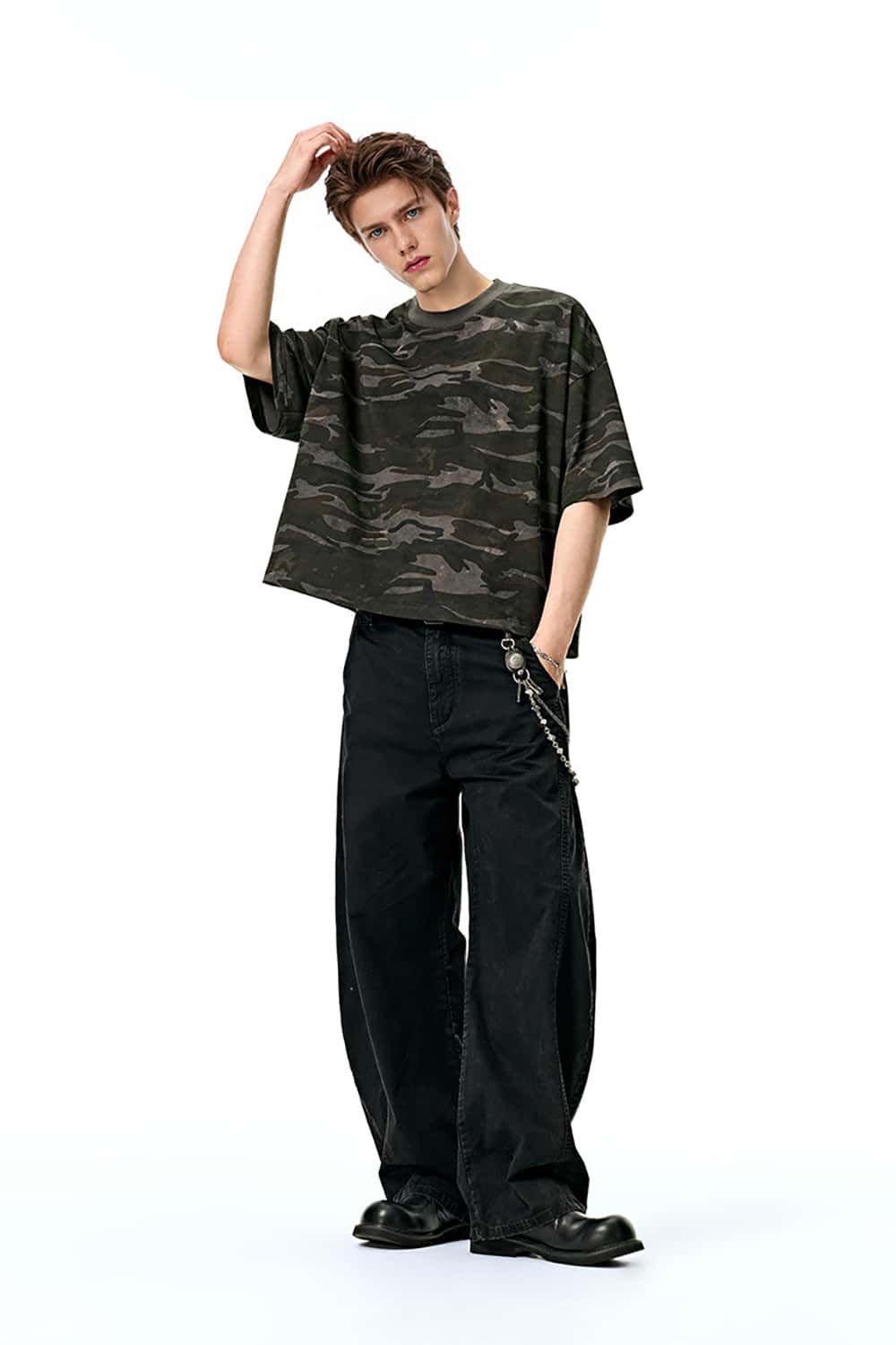Boxy Camouflage Cotton T-Shirt with Street Style Half-Sleeve