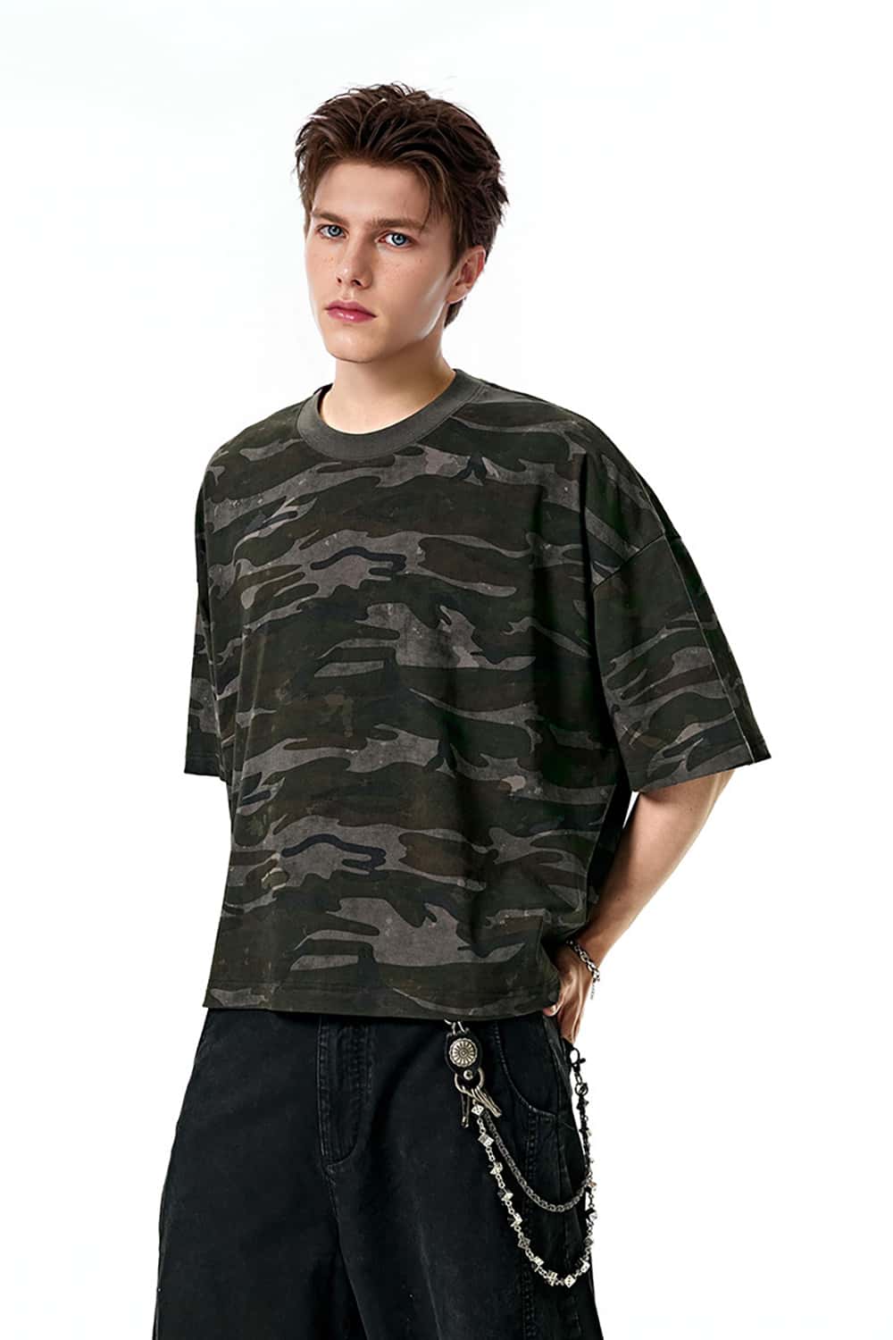 Boxy Camouflage Cotton T-Shirt with Street Style Half-Sleeve