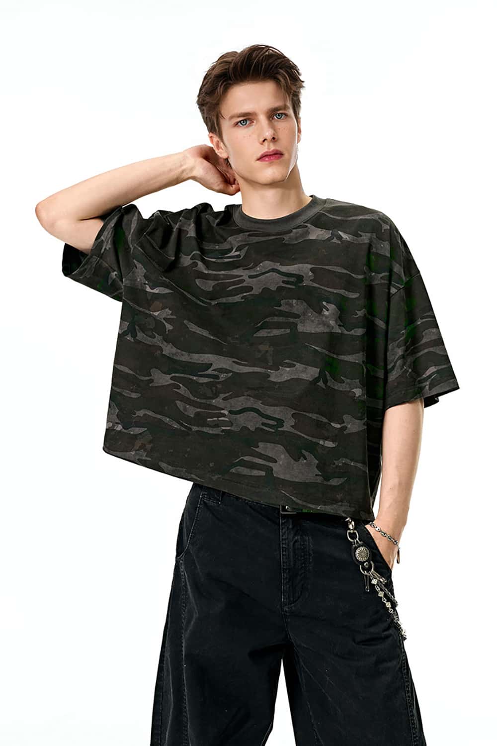 Boxy Camouflage Cotton T-Shirt with Street Style Half-Sleeve