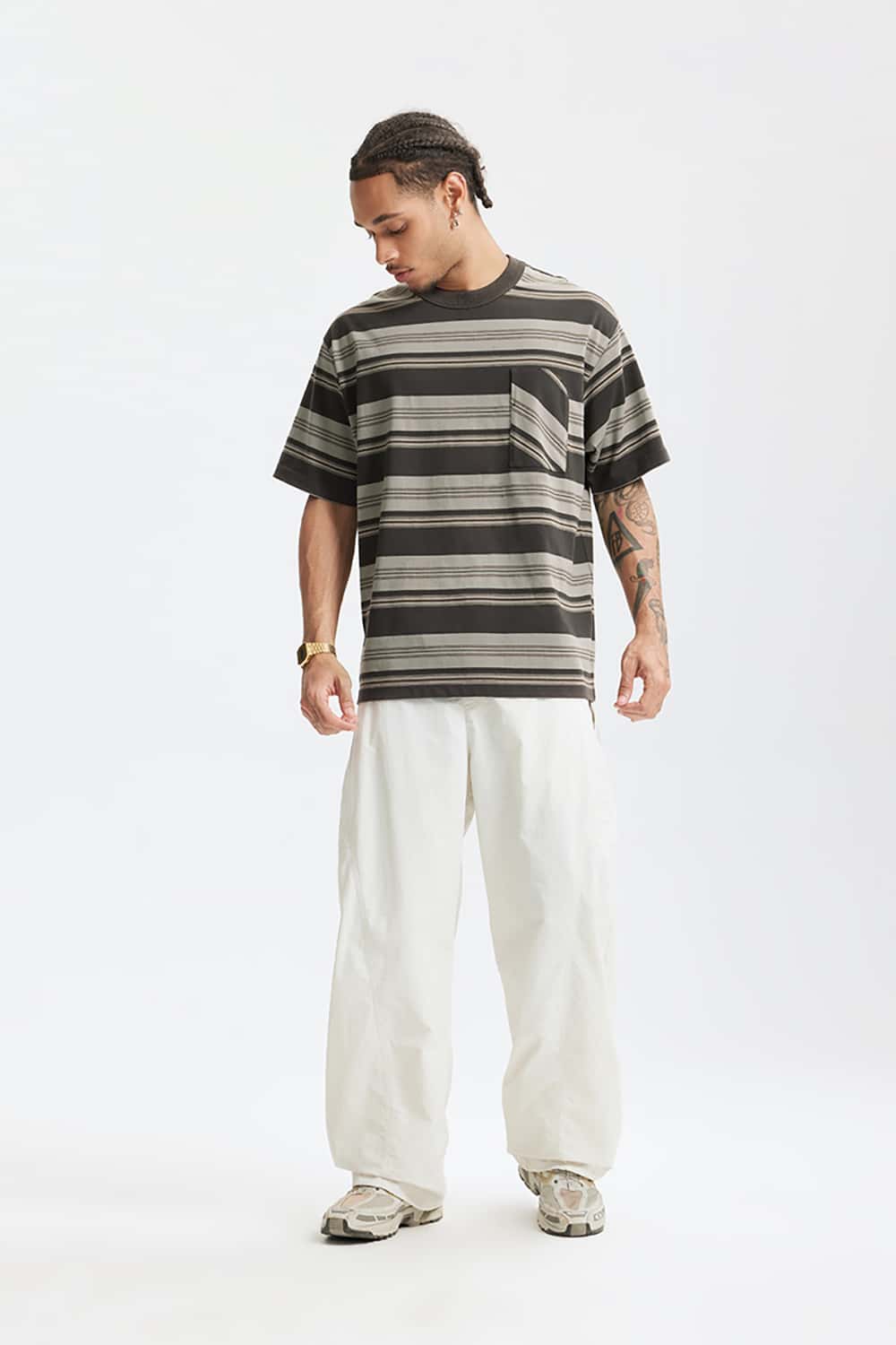 Loose Striped Short Sleeve T-Shirt with Pocket