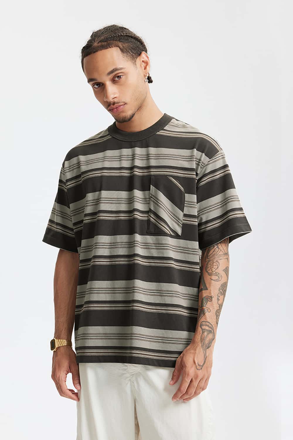 Loose Striped Short Sleeve T-Shirt with Pocket