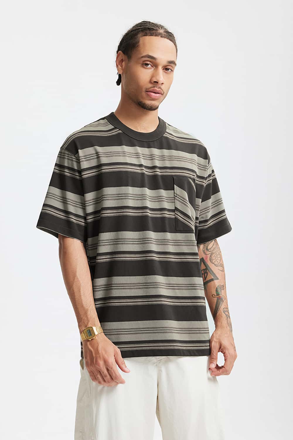 Loose Striped Short Sleeve T-Shirt with Pocket