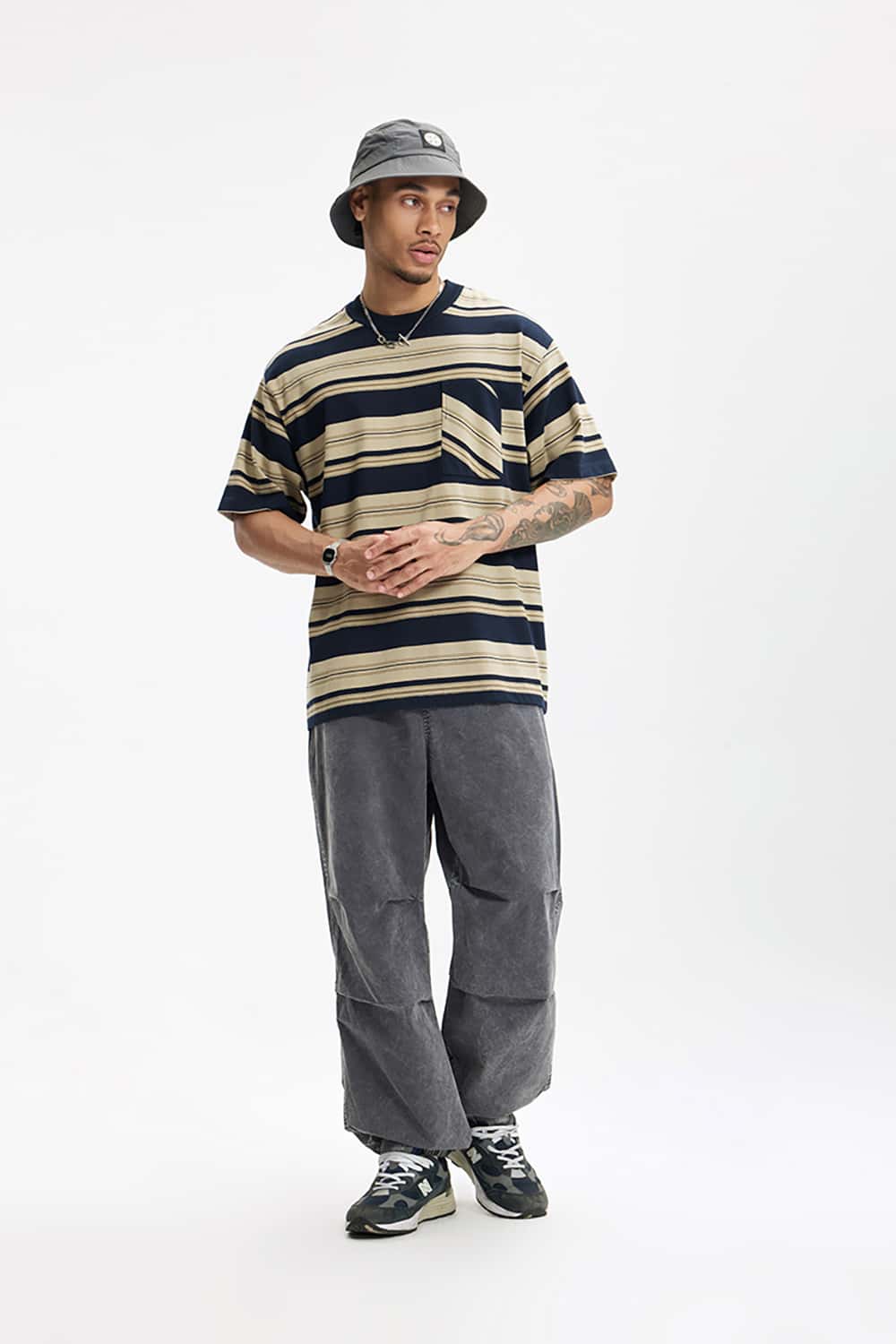 Loose Striped Short Sleeve T-Shirt with Pocket